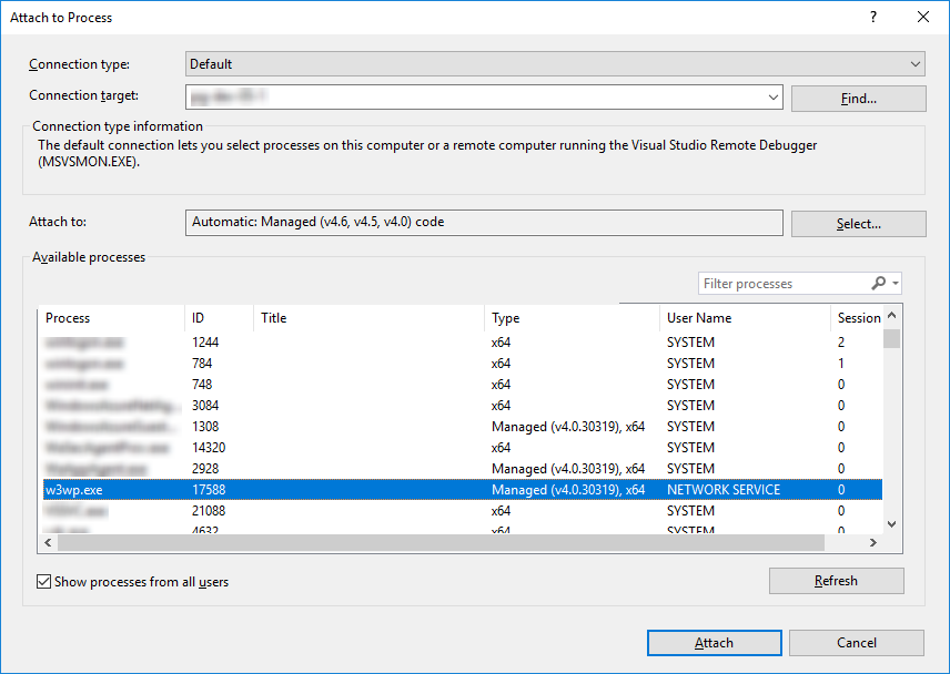 To debug attach visual studio to process ошибка vimeworld